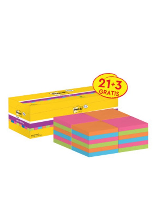 Bloc de notas adhesivas quita y pon post-it super sticky 76x76 mm 90 hojas colores surtidos pack de 21 + 3