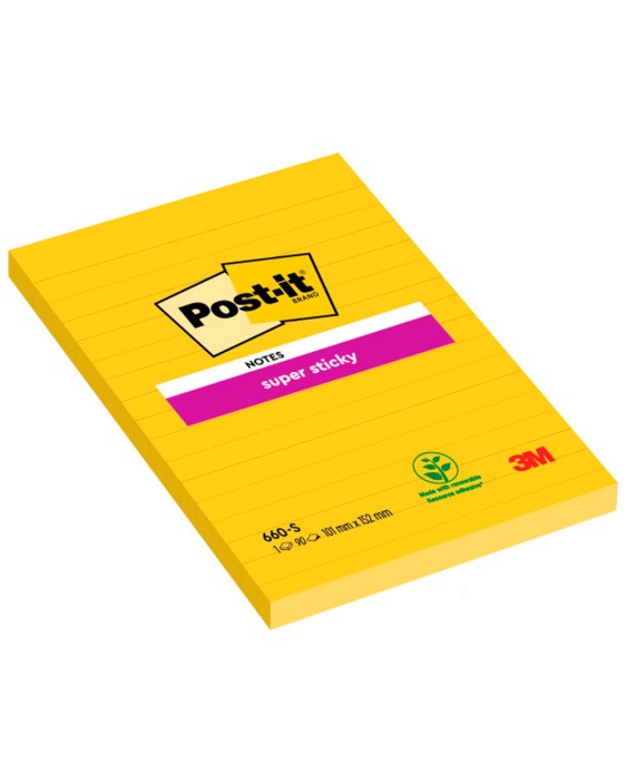 Bloc de notas adhesivas quita y pon post-it super sticky rayado amarillo ultra 101x152 mm
