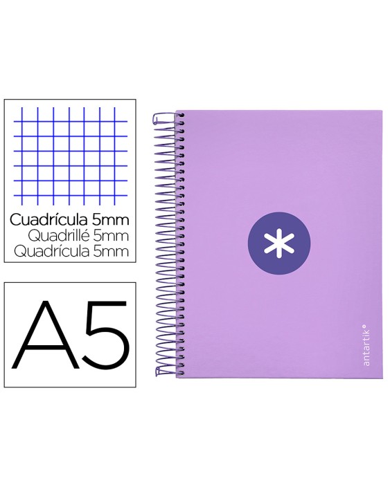 Cuaderno espiral a5 micro antartik tapa forrada120h 90 gr cuadro 5mm 5 banda 6 taladros color lavanda