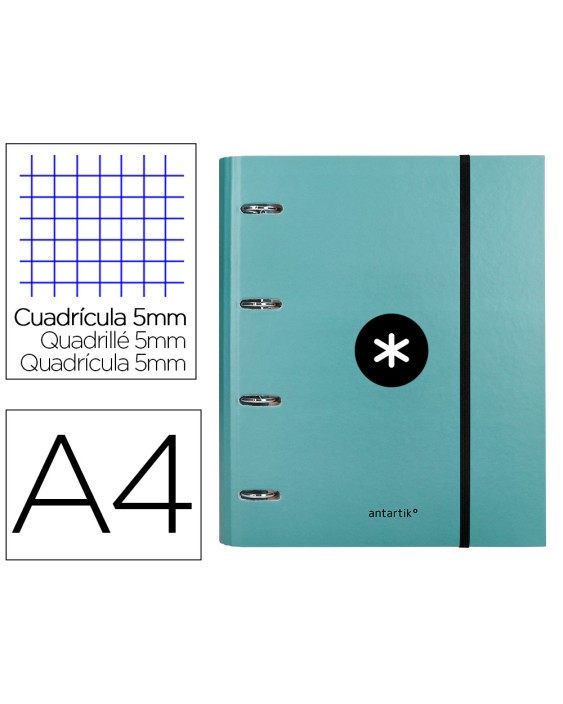 Carpeta con recambio antartik a4 cuadro 5mm forrada 4 anillas 40mm redondas con solapa color menta
