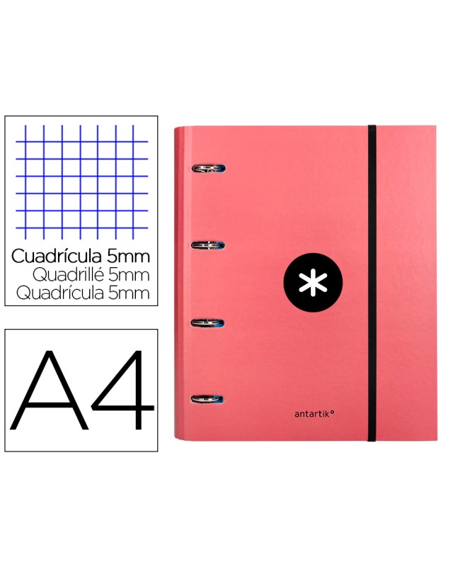 Carpeta con recambio antartik a4 cuadro 5mm forrada 4 anillas 40mm redondas con solapa color coral