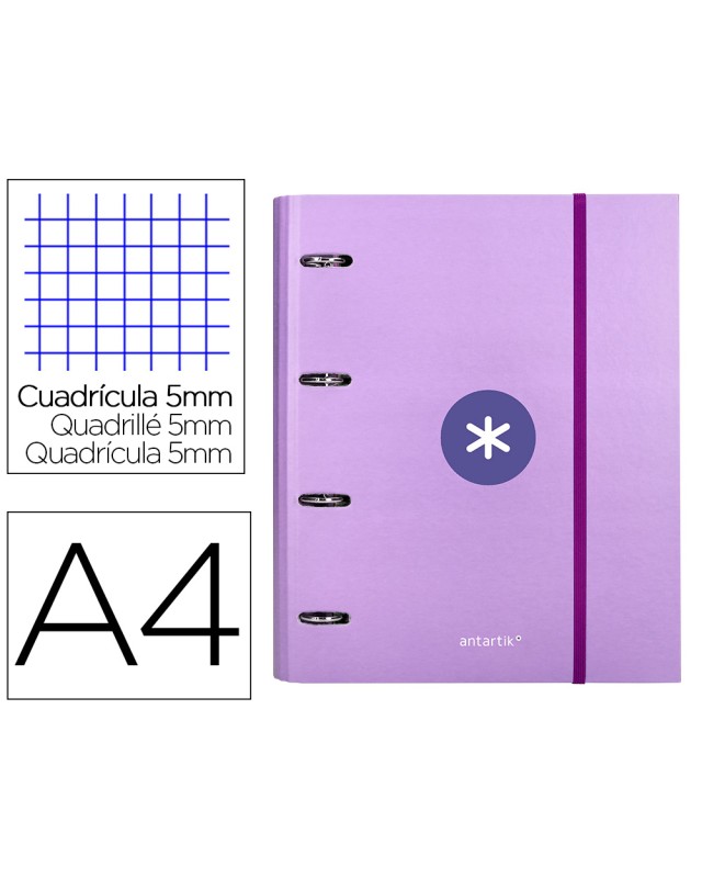 Carpeta con recambio antartik a4 cuadro 5mm forrada 4 anillas 40mm redondas con solapa color lavanda