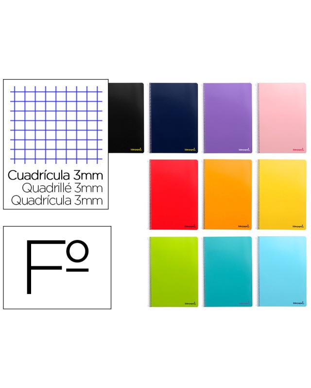 Cuaderno espiral liderpapel folio smart tapa blanda 80h 60gr cuadro 3mm con margen colores surtidos