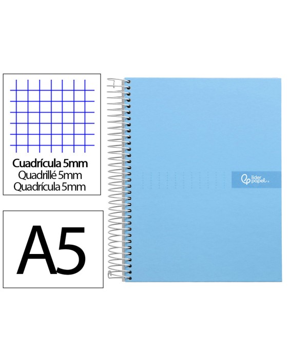 Cuaderno espiral liderpapel a5 micro crafty tapa forrada 120h 90gr cuadro 5mm 5 bandas 6 taladros color celeste