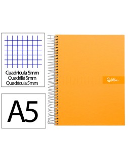Cuaderno espiral liderpapel a5 micro crafty tapa forrada 120h 90gr cuadro 5mm 5 bandas 6 taladros color naranja