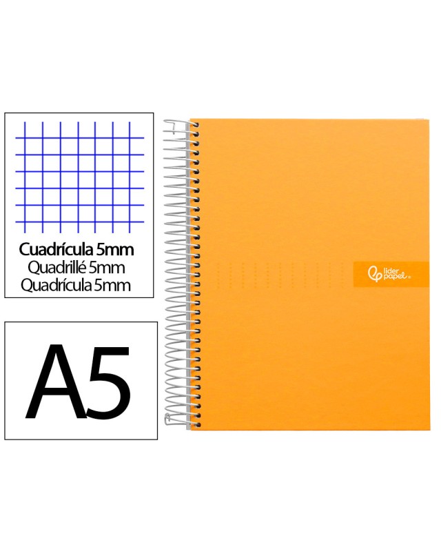 Cuaderno espiral liderpapel a5 micro crafty tapa forrada 120h 90gr cuadro 5mm 5 bandas 6 taladros color naranja