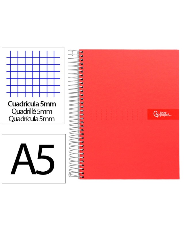 Cuaderno espiral liderpapel a5 micro crafty tapa forrada 120h 90gr cuadro 5mm 5 bandas 6 taladros color rojo