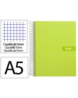 Cuaderno espiral liderpapel a5 micro crafty tapa forrada 120h 90gr cuadro 5mm 5 bandas 6 taladros color verde