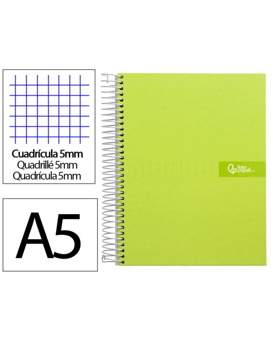 Cuaderno espiral liderpapel a5 micro crafty tapa forrada 120h 90gr cuadro 5mm 5 bandas 6 taladros color verde