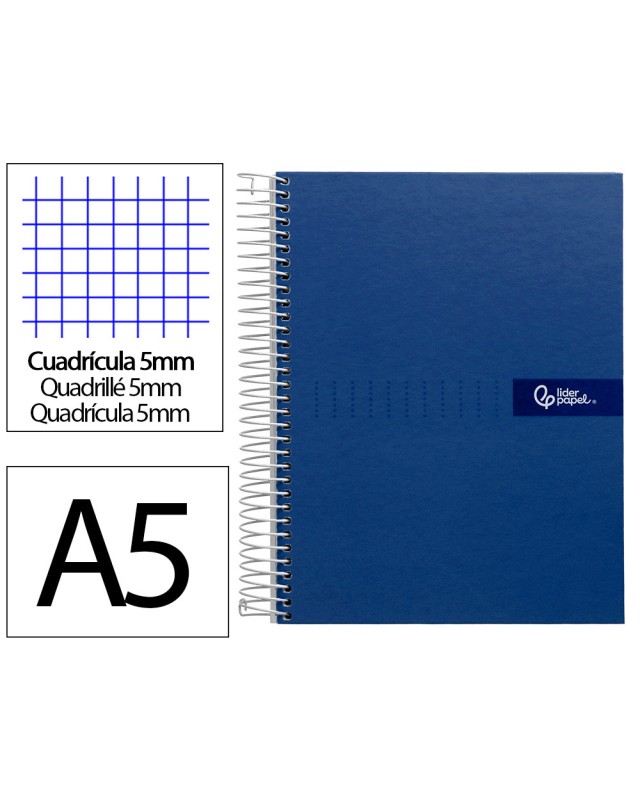 Cuaderno espiral liderpapel a5 micro crafty tapa forrada 120h 90gr cuadro 5mm 5 bandas 6 taladros color azul