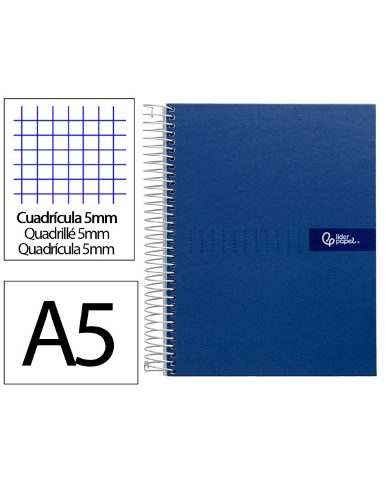 Cuaderno espiral liderpapel a5 micro crafty tapa forrada 120h 90gr cuadro 5mm 5 bandas 6 taladros color azul