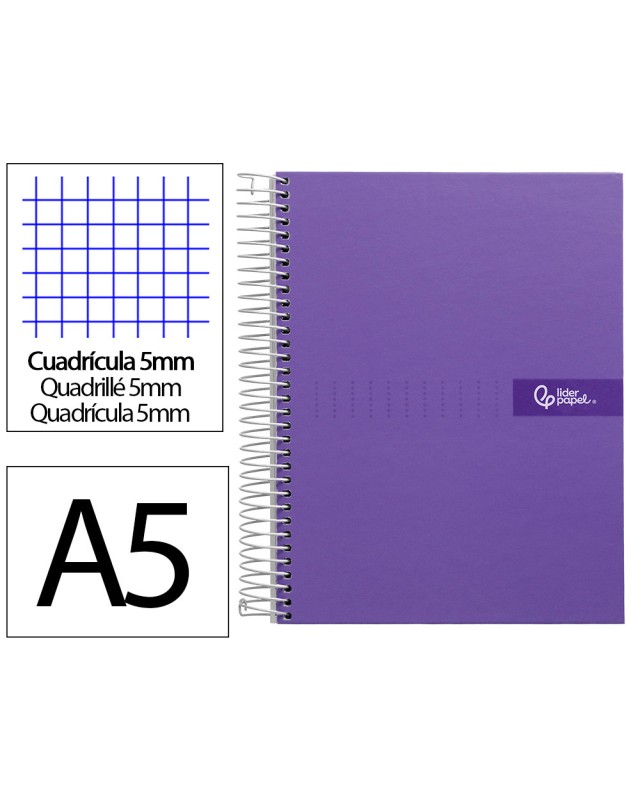 Cuaderno espiral liderpapel a5 micro crafty tapa forrada 120h 90gr cuadro 5mm 5 bandas 6 taladros color violeta