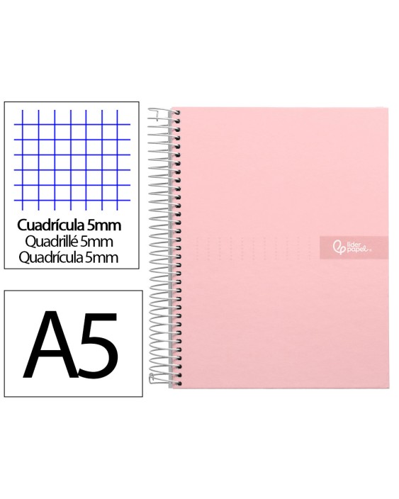 Cuaderno espiral liderpapel a5 micro crafty tapa forrada 120h 90gr cuadro 5mm 5 bandas 6 taladros color rosa