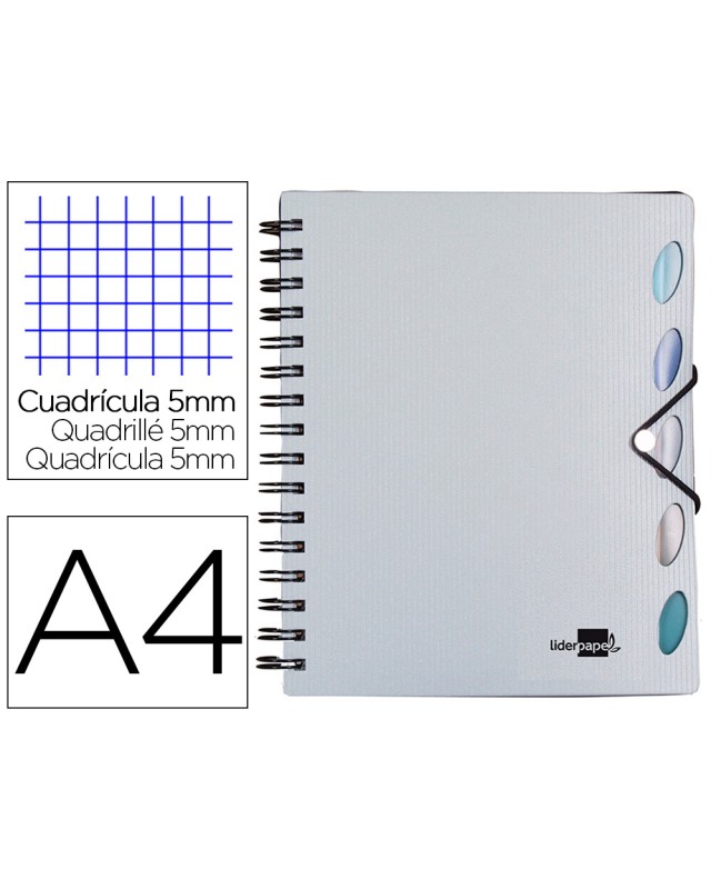 Cuaderno espiral liderpapel a4 micro executive tapa plastico 100h 80gr cuadro 5mm 5 sep aradores con gomilla plata