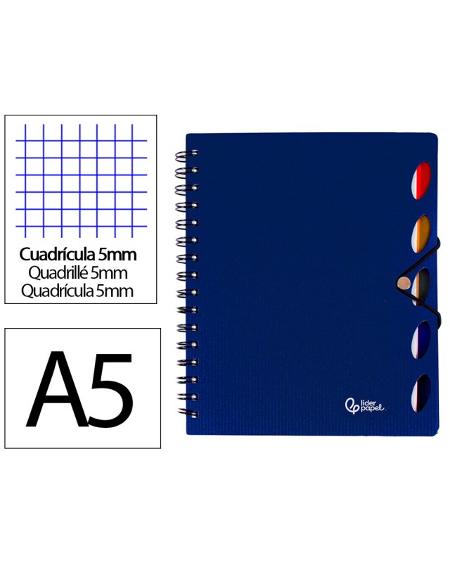 Cuaderno espiral liderpapel a5 micro executive tapa plastico 100h 80gr cuadro 5mm 5 se paradores con gomilla azul