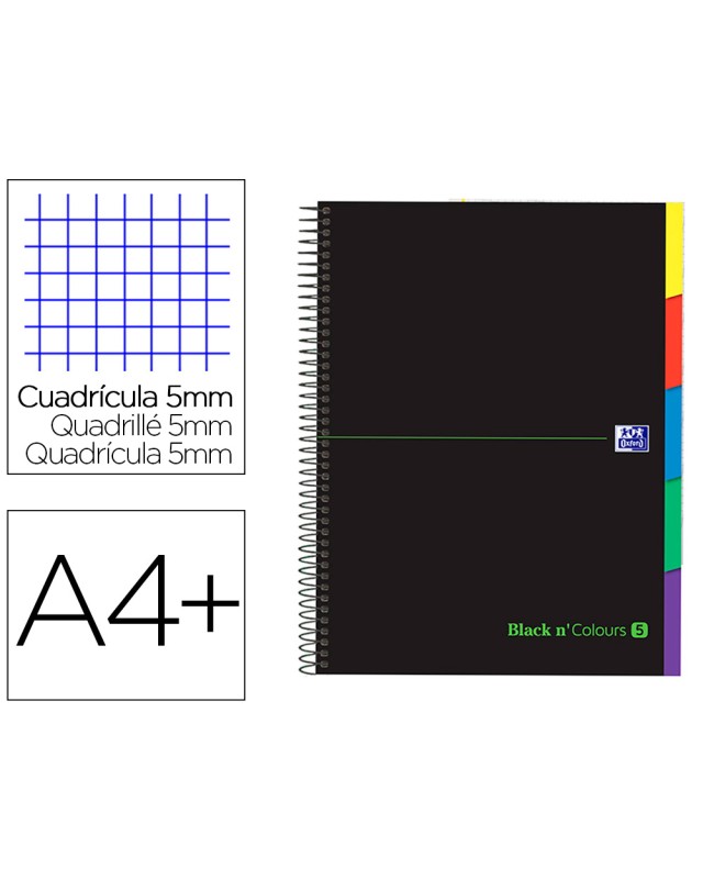 Cuaderno espiral oxford ebook 5 tapa extradura din a4+ 100 h con separadores cuadricula 5 mm black'n colors verde