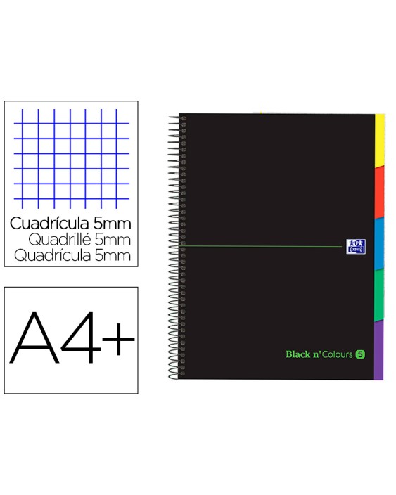 Cuaderno espiral oxford ebook 5 tapa extradura din a4+ 100 h con separadores cuadricula 5 mm black'n colors verde