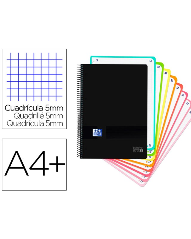 Cuaderno espiral oxford ebook 8 tapa plastico din a4+ 160 h cuadricula 5 mm black'n colors turquesa