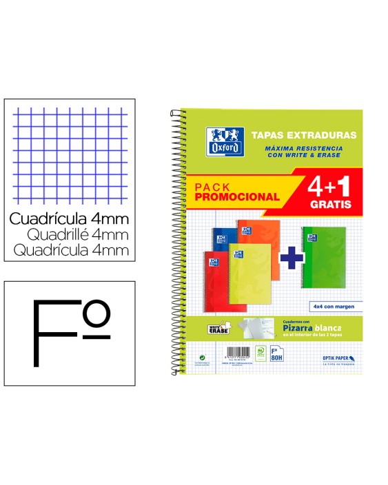 Cuaderno espiral oxford tapa extradura folio 80 hojas cuadro 4 mm con pizarra blancapack 4+1 colores clasicos