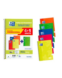 Cuaderno espiral oxford tapa extradura folio 80 hojas cuadro 4 mm con pizarra blancapack 4+1 colores clasicos