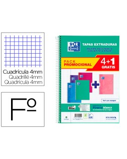 Cuaderno espiral oxford tapa extradura folio 80 hojas cuadro 4 mm con pizarra blancapack 4+1 colores tendencia