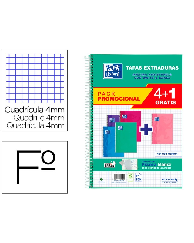 Cuaderno espiral oxford tapa extradura folio 80 hojas cuadro 4 mm con pizarra blancapack 4+1 colores tendencia