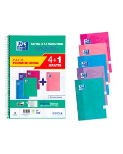 Cuaderno espiral oxford tapa extradura folio 80 hojas cuadro 4 mm con pizarra blancapack 4+1 colores tendencia