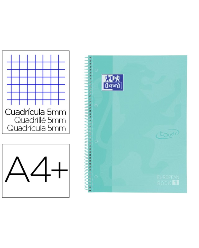 Cuaderno espiral oxford ebook 1 school touch te din a4+ 80 hojas cuadro 5 mm con margen mint pastel