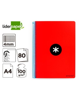 Cuaderno espiral a4 antartik tapa dura 80h 90gr cuadro 4mm con margen color rojo