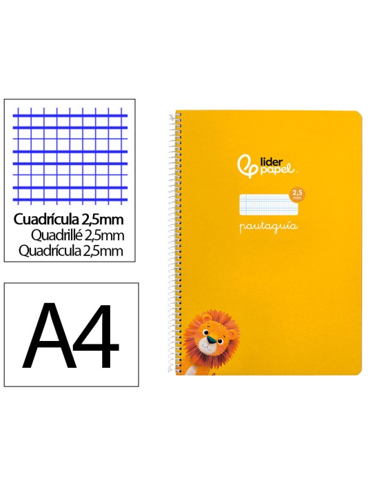Cuaderno espiral liderpapel a4 pautaguia tapa dura 80h 90 gr cuadro pautado 2,5 mm color amarillo