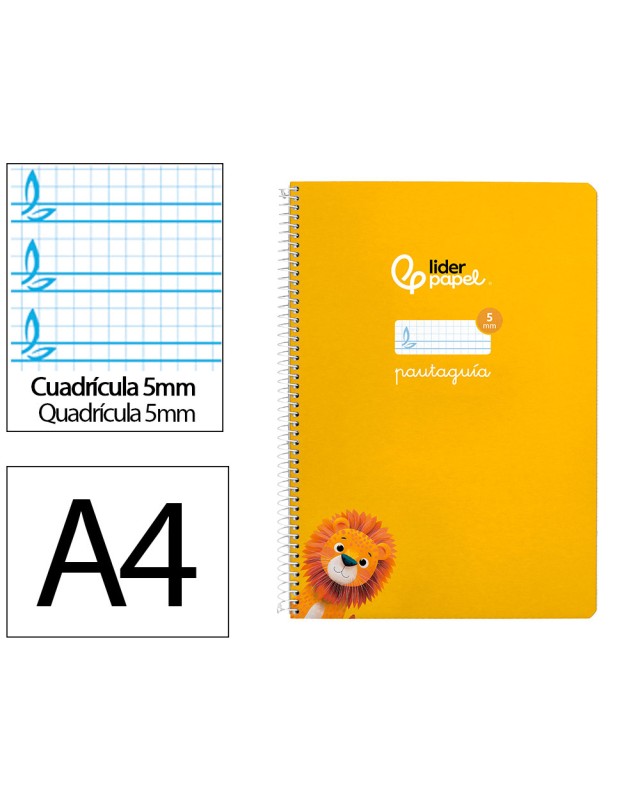 Cuaderno espiral liderpapel a4 pautaguia tapa dura 80h 90gr cuadro pautado 5mm color amarillo
