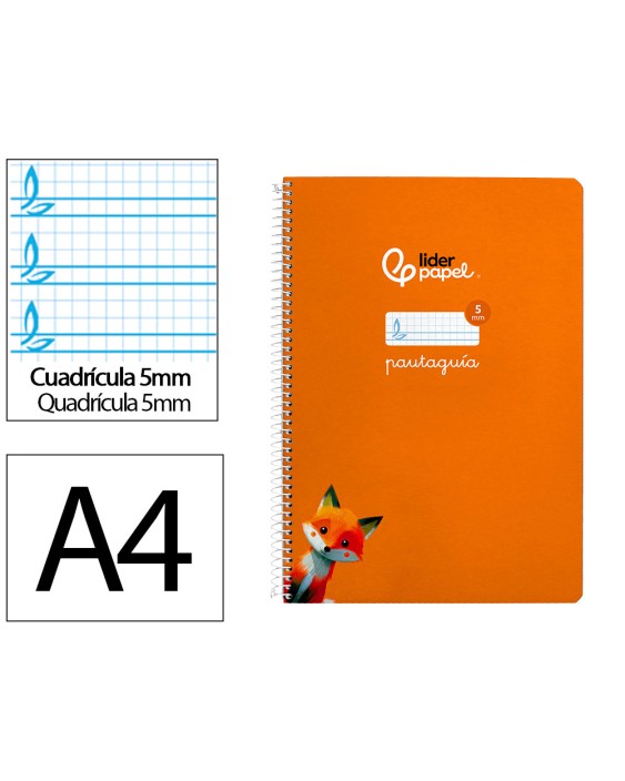 Cuaderno espiral liderpapel a4 pautaguia tapa dura 80h 90gr cuadro pautado 5mm color naranja