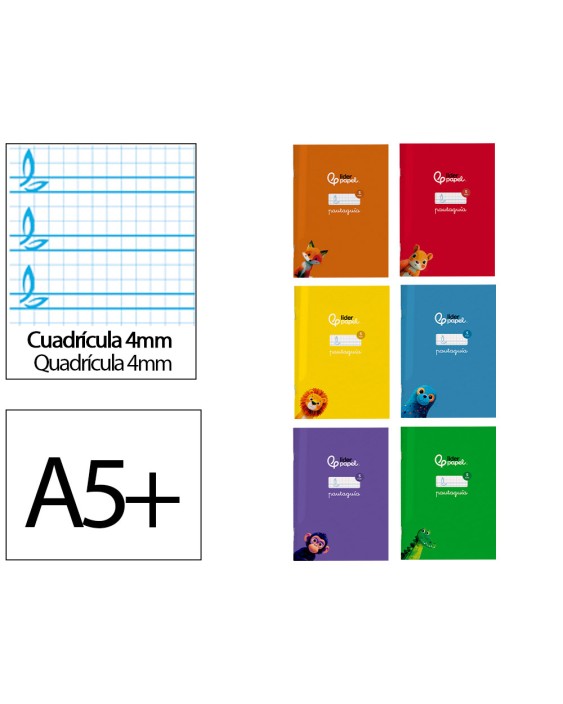 Libreta liderpapel pautaguia tapa cartoncillo 32h a5+ 75gr cuadriculado pautado 4mm con margen 6 colores surtidos