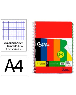 Cuaderno espiral liderpapel a4 smart tapa blanda 80h 75gr cuadro 4 mm con margen pack 5+1 colores surtidos