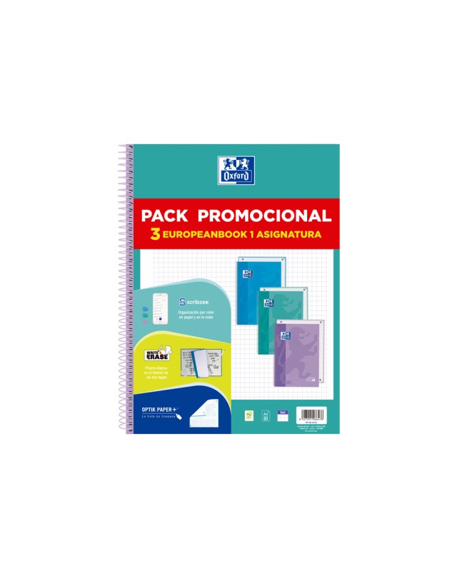Cuaderno espiral oxford ebook 1 touch tapa extradura din a4+ 80h cuadro 5 mm pack de 3 unidades colores pastel