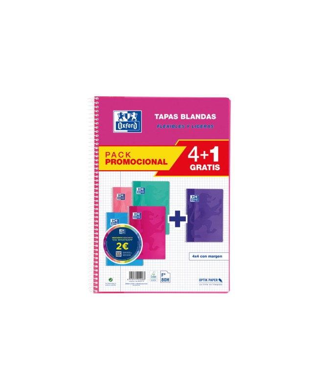 Cuaderno espiral oxford tapa blanda folio 80 hojas 90gr cuadro 4 mm colores tendencias pack de 4+1