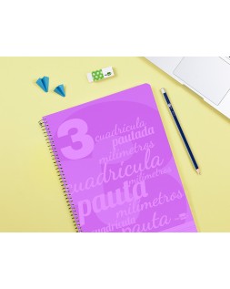 Cuaderno espiral liderpapel folio pautaguia tapa plastico 80h 75gr cuadro pautado 3mm con margen color violeta