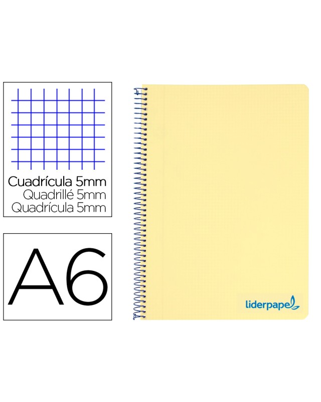 Cuaderno espiral liderpapel a6 micro wonder tapa plastico 120h 90 gr cuadro 5mm 4 bandas color amarillo