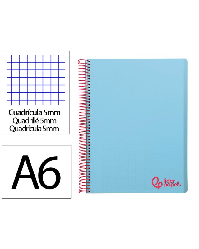 Cuaderno espiral liderpapel a6 micro wonder tapa plastico 120h 90 gr cuadro 5mm 4 bandas color celeste