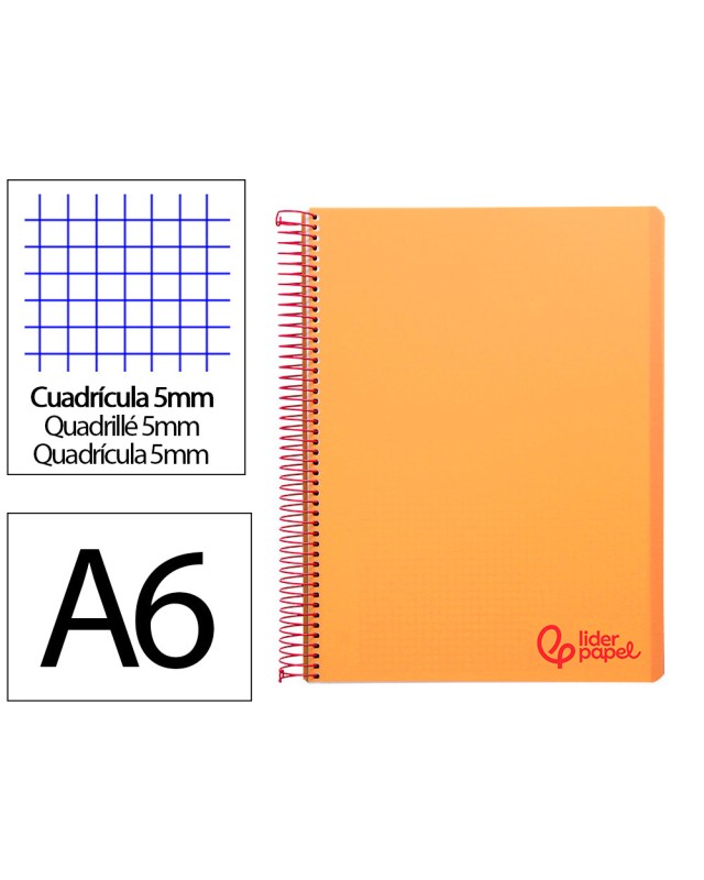 Cuaderno espiral liderpapel a6 micro wonder tapa plastico 120h 90 gr cuadro 5mm 4 bandas color naranja
