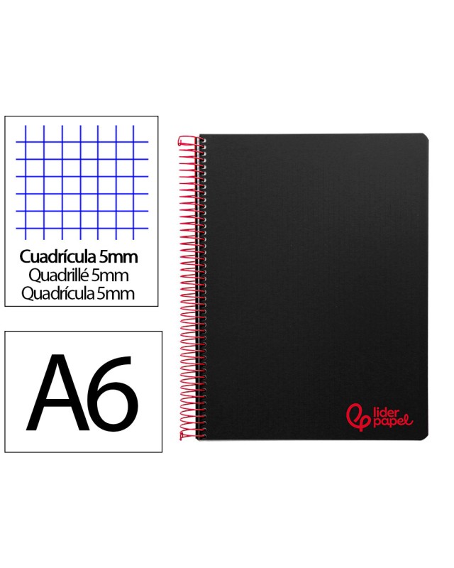 Cuaderno espiral liderpapel a6 micro wonder tapa plastico 120h 90 gr cuadro 5mm 4 bandas color negro