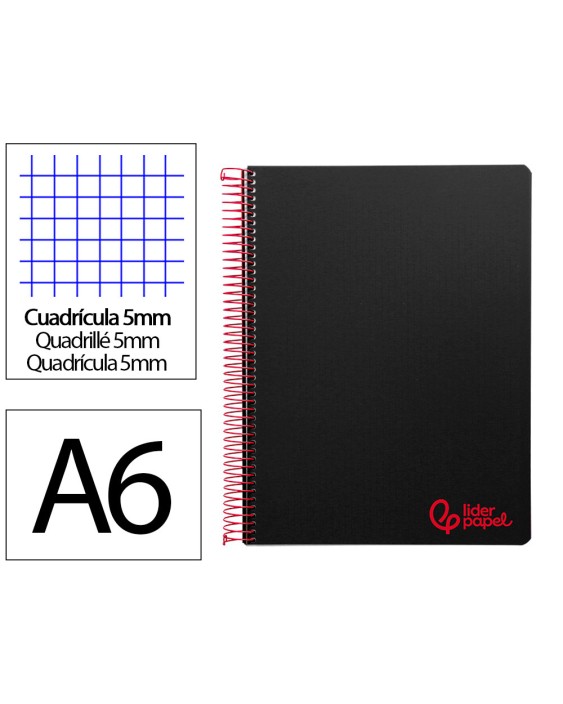 Cuaderno espiral liderpapel a6 micro wonder tapa plastico 120h 90 gr cuadro 5mm 4 bandas color negro