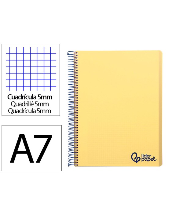Cuaderno espiral liderpapel a7 micro wonder tapa plastico 100h 90gr cuadro 5mm 4 bandas color amarillo