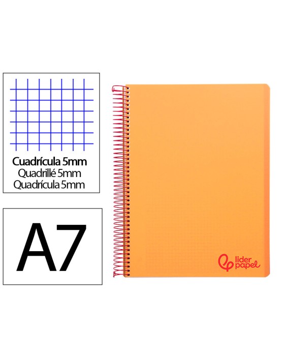 Cuaderno espiral liderpapel a7 micro wonder tapa plastico 100h 90gr cuadro 5mm 4 bandas color naranja