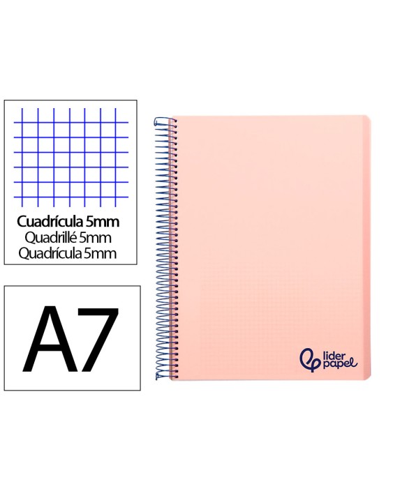 Cuaderno espiral liderpapel a7 micro wonder tapa plastico 100h 90gr cuadro 5mm 4 bandas color rosa