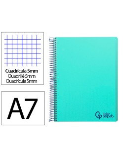 Cuaderno espiral liderpapel a7 micro wonder tapa plastico 100h 90gr cuadro 5mm 4 bandas color verde pastel turquesa