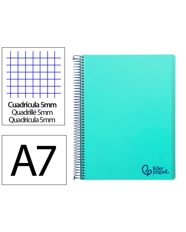 Cuaderno espiral liderpapel a7 micro wonder tapa plastico 100h 90gr cuadro 5mm 4 bandas color verde pastel turquesa