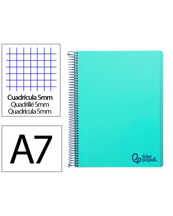 Cuaderno espiral liderpapel a7 micro wonder tapa plastico 100h 90gr cuadro 5mm 4 bandas color verde pastel turquesa
