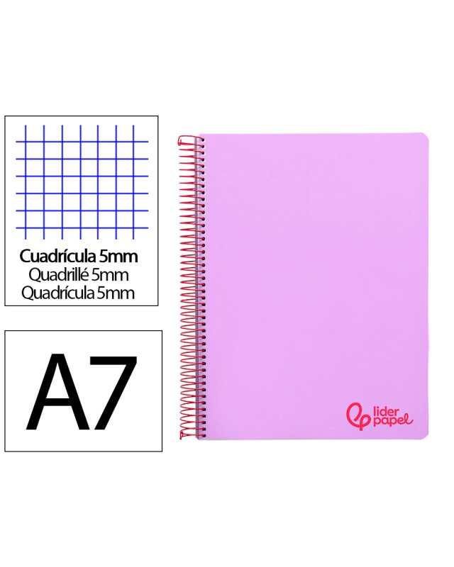 Cuaderno espiral liderpapel a7 micro wonder tapa plastico 100h 90gr cuadro 5mm 4 bandas color violeta