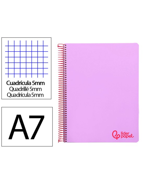 Cuaderno espiral liderpapel a7 micro wonder tapa plastico 100h 90gr cuadro 5mm 4 bandas color violeta